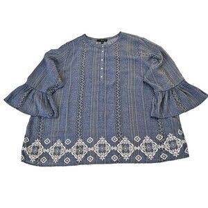 Fred David 3/4 Bell Sleeve Flowing Blue Blouse Womens 2X Boho Beachy Lagenlook